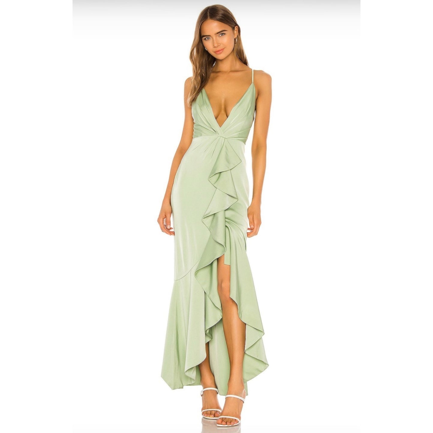 NBD Light Me Up Evening Dress Womens XS Green Sleeveless Ruffle Ball Gown Maxi
