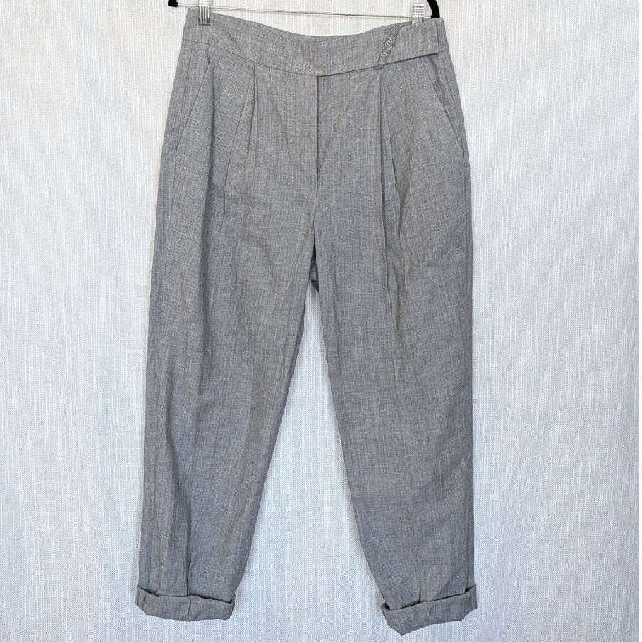 Brunello Cucinelli Wool/Linen Pants Womens 10 Gray High-rise Tapered Trousers