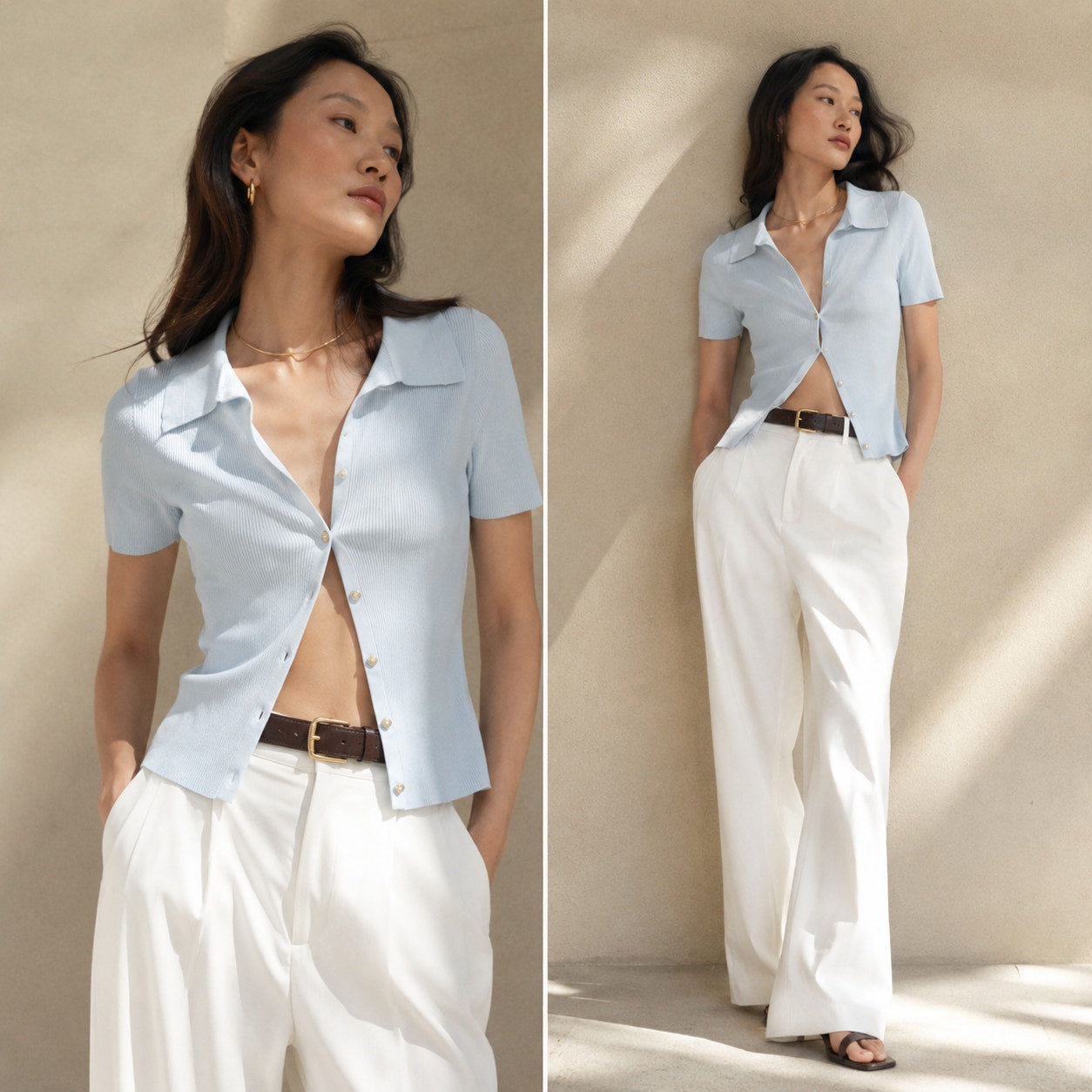 Intermix Light Blue Avery Rib Knit Cotton Polo Short Sleeve Button Top, size L
