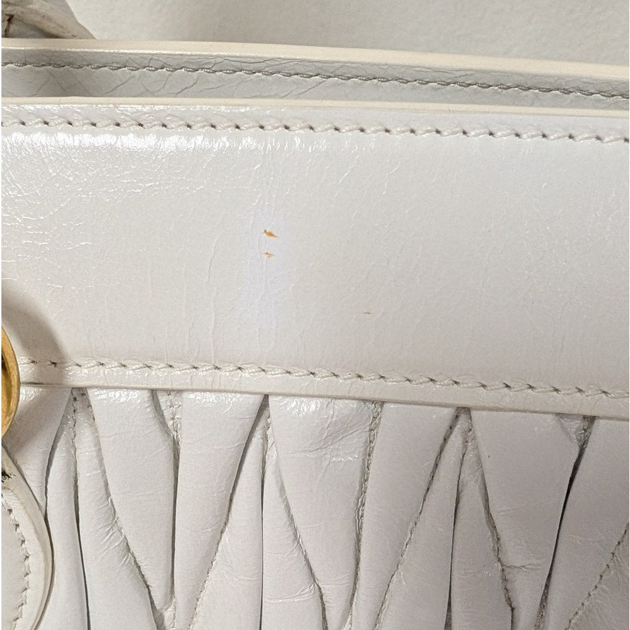 Miu Miu Matelassé Leather Handbag in White Quilted Logo Crossbody Strap