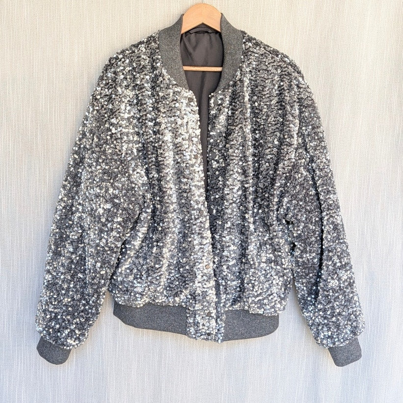 Zara Silver Sequin Bomber Jacket Unisex Mens Womens L Oversized Long Sleeve