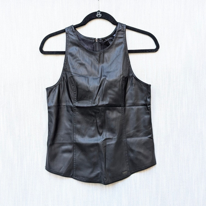 Armani Exchange Tank Top Womens S Black Faux Leather Sleeveless Zipper NWT