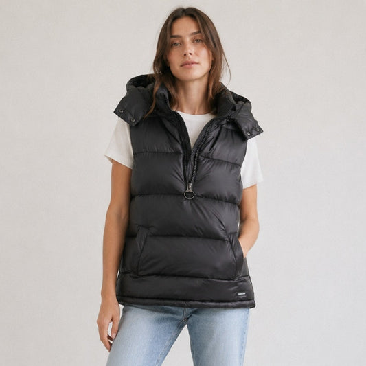 DKNY Sport Premium Down Black Half-Zip Down Puffer Hood Vest, size M
