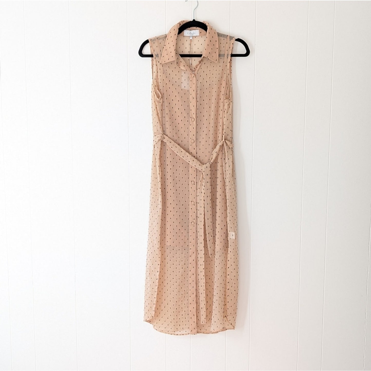 NWT L’Academie Revolve Overlay Nude Cream Belted Midi Dress, size S