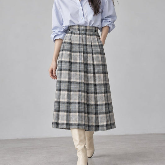 Laird-Portch of Scotland Plaid Wool A-line Midi Skirt Gray/Green Size 8
