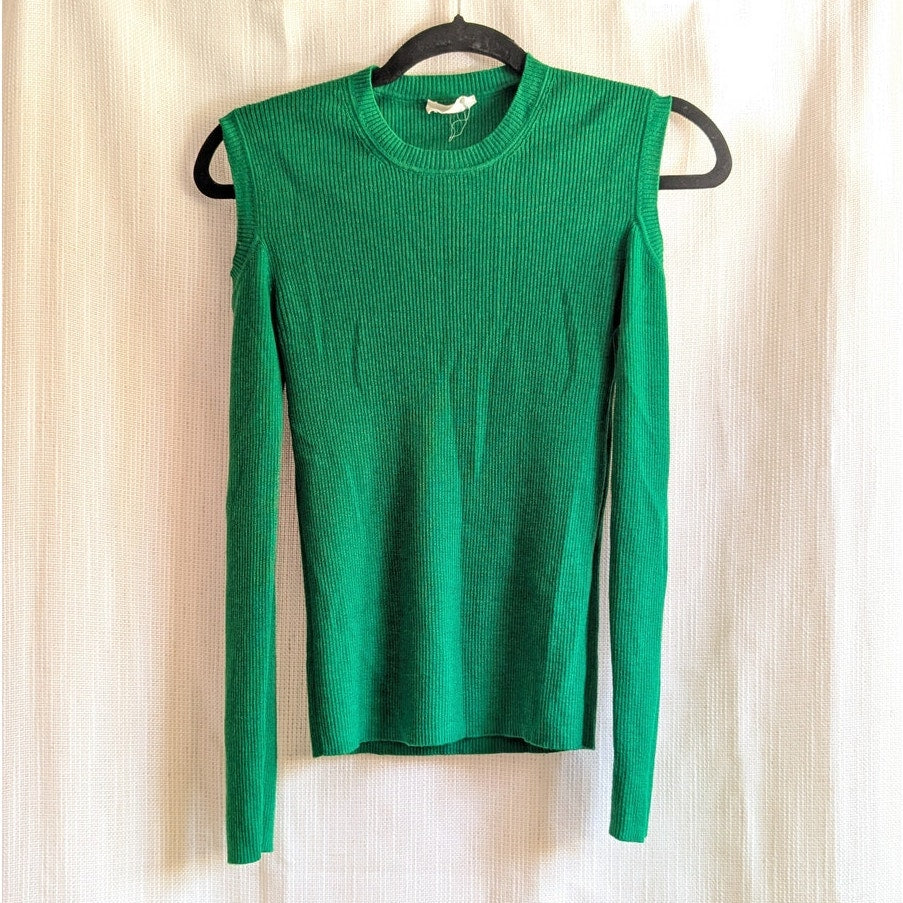 P.A.R.O.S.H. Green Ribbed Long Sleeve Cut Out Cold Shoulder Knit Top, size M