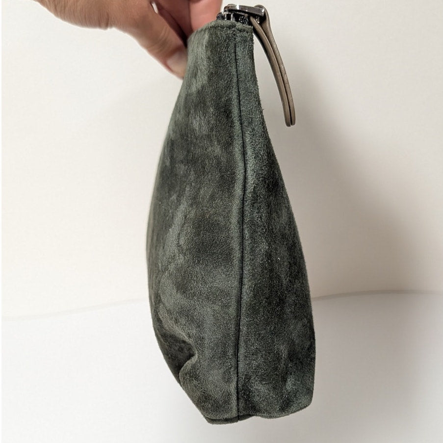 Brunello Cucinelli Green Suede Leather Pouch Cosmetic Bag Rare Womens Zipper