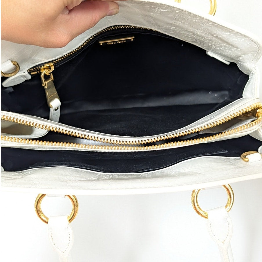 Miu Miu Matelassé Leather Handbag in White Quilted Logo Crossbody Strap