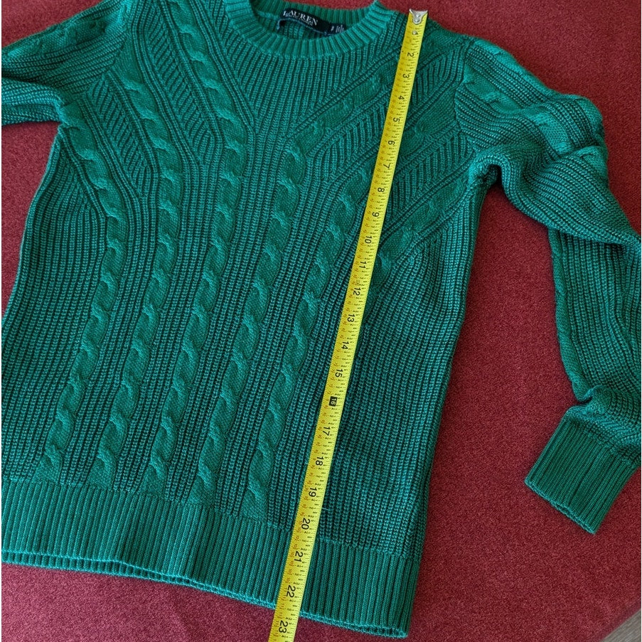 Lauren Ralph Lauren Green Cable Knit Cotton Long Sleeve Sweater, size S
