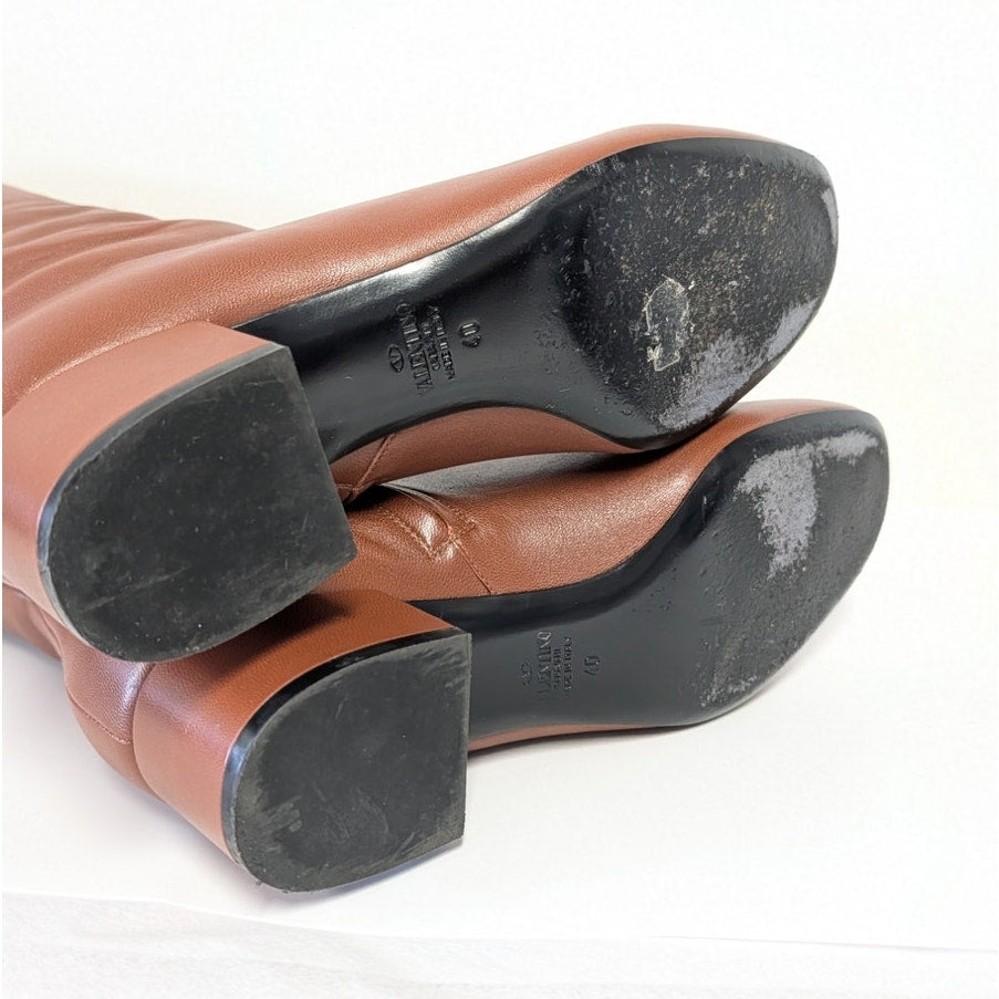 Valentino Garavani VLOGO Leather Knee High Heeled Boots Womens EU40/US 10B Brown