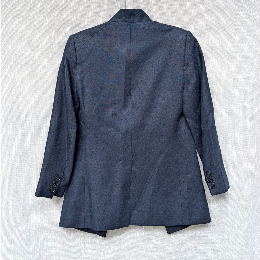 AYR The Coup Linen Blazer Womens 4 Navy No Closure Open Placket Long Sleeve