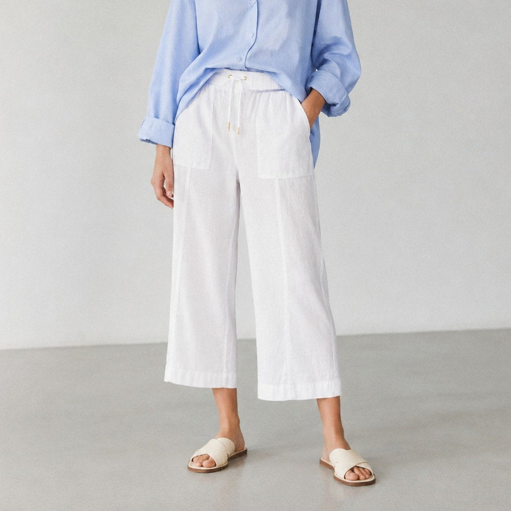 Ellen Tracy White Linen Blend Drawstring High-rise Cropped Wide Leg Pants, size L