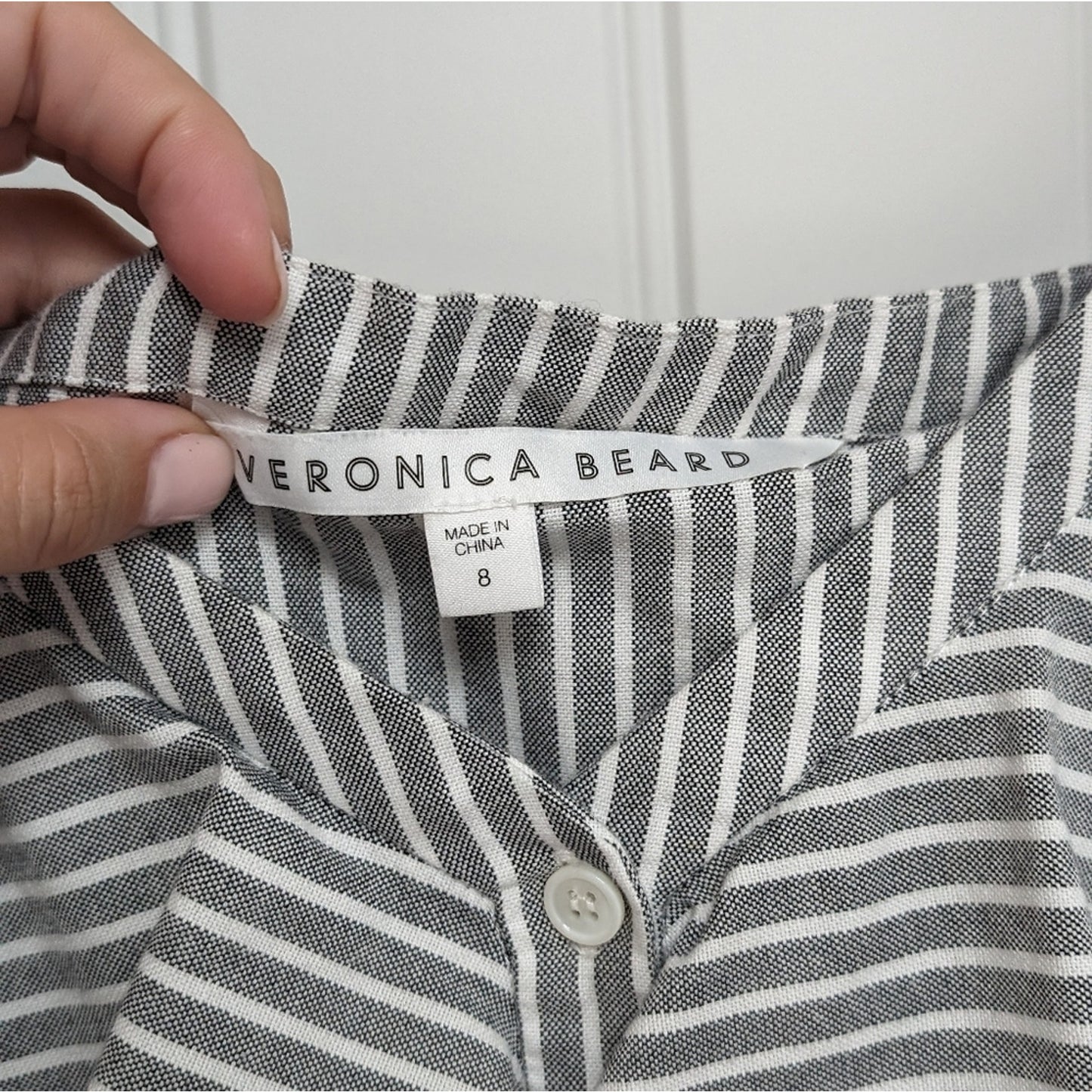 Veronica Beard Grant Cold Shoulder Gray/White V-Neck Button Striped Top, size 8