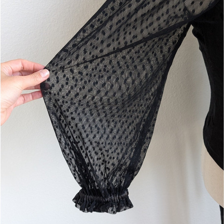 Anthropologie Porridge Black Velvet Lace Tie-Back Blouse Long Sleeve Top, sz XS