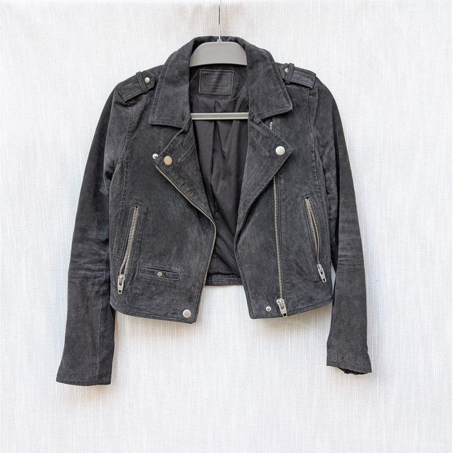 SL8 Blank NYC Gray Suede Leather Moto Biker Full Zip Long Sleeve Cropped Jacket, size XS