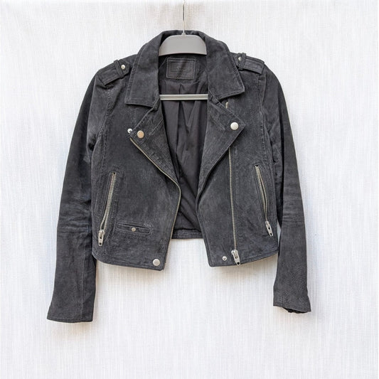 SL8 Blank NYC Gray Suede Leather Moto Biker Full Zip Long Sleeve Cropped Jacket, size XS