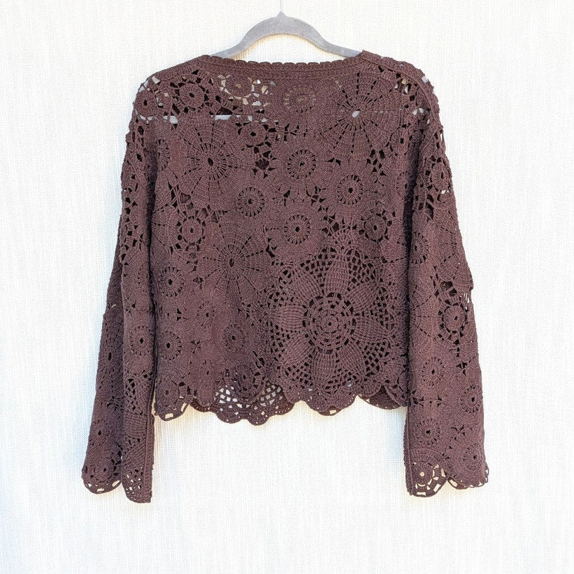 Mango MNG Crochet Long Sleeve Top Womens S Chocolate Brown Floral Cotton Knit