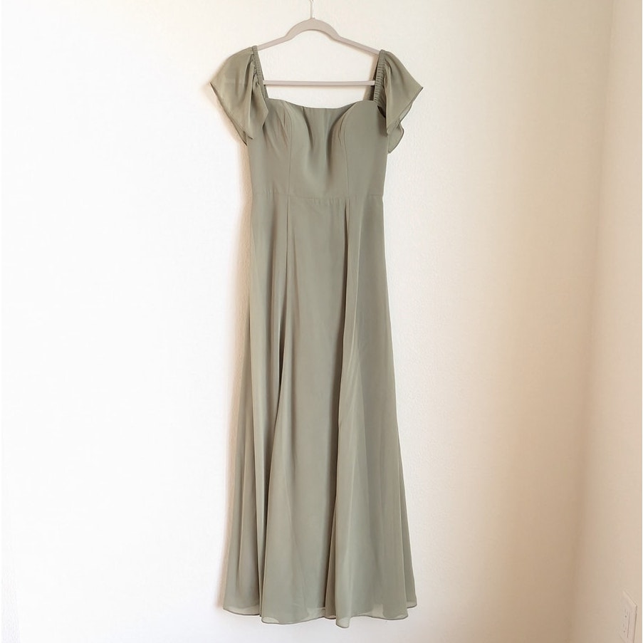 Anthropologie Jenny Yoo Elsie Off Shoulder Flutter Sleeve Green Chiffon Dress, sz 2