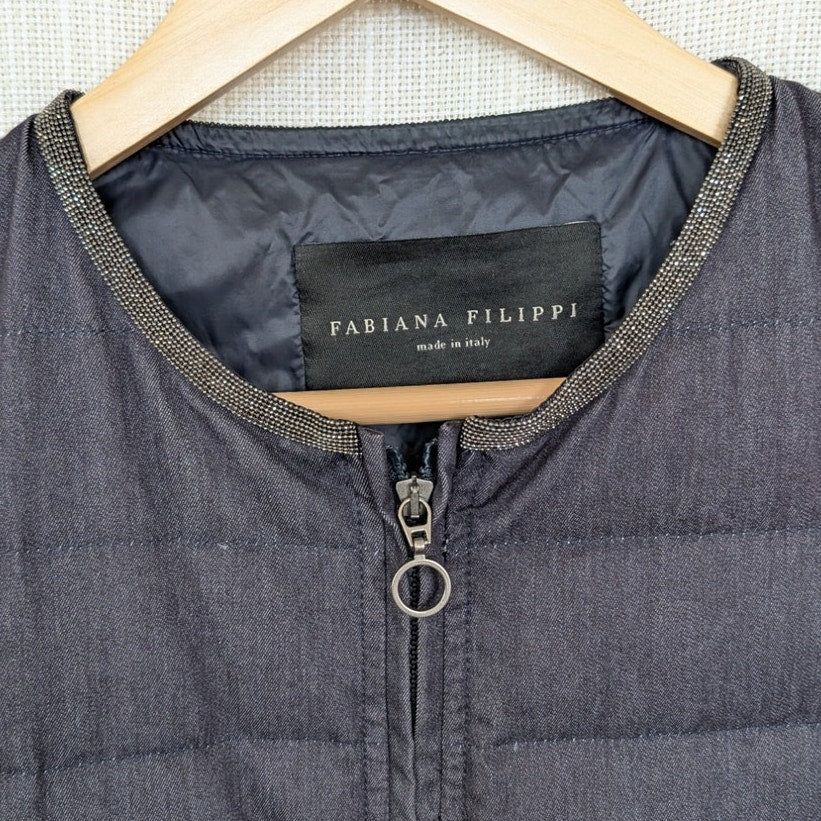 Fabiana Filippi Quilted Denim Short Jacket Womens XL Metallic Embellished Navy