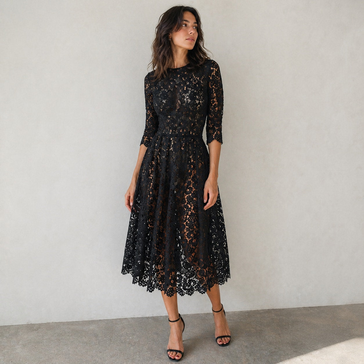 Yanina Prêt-à-porter Lace Dress Womens EU 40/US 8 Black Lace 3/4 Sleeve Midi