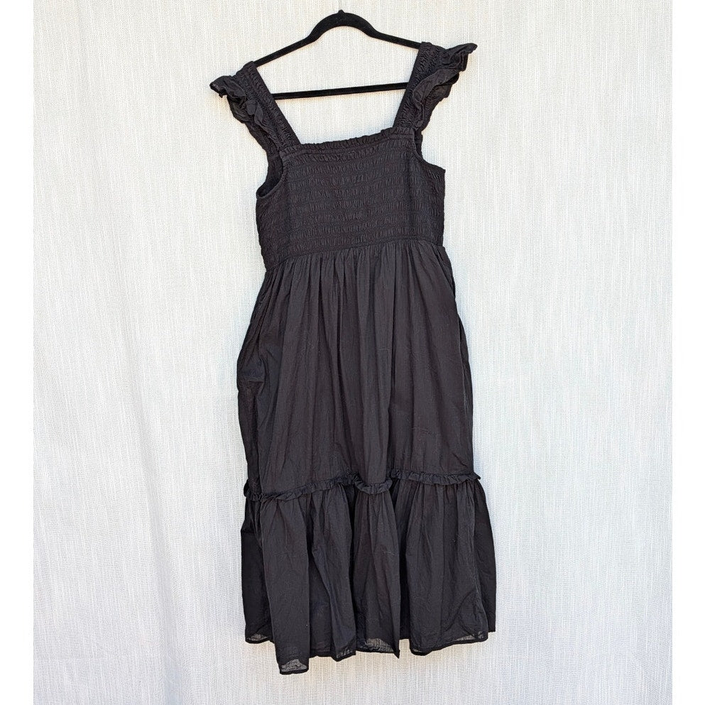 Anthropologie The Peregrine Square-Neck Midi Dress Womens L Black Smocked A-line