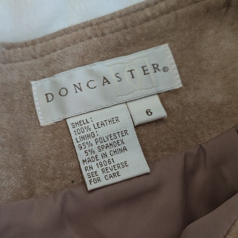 Doncaster Tan Suede Leather Tie Waist Straight Pencil Short Skirt, size 6