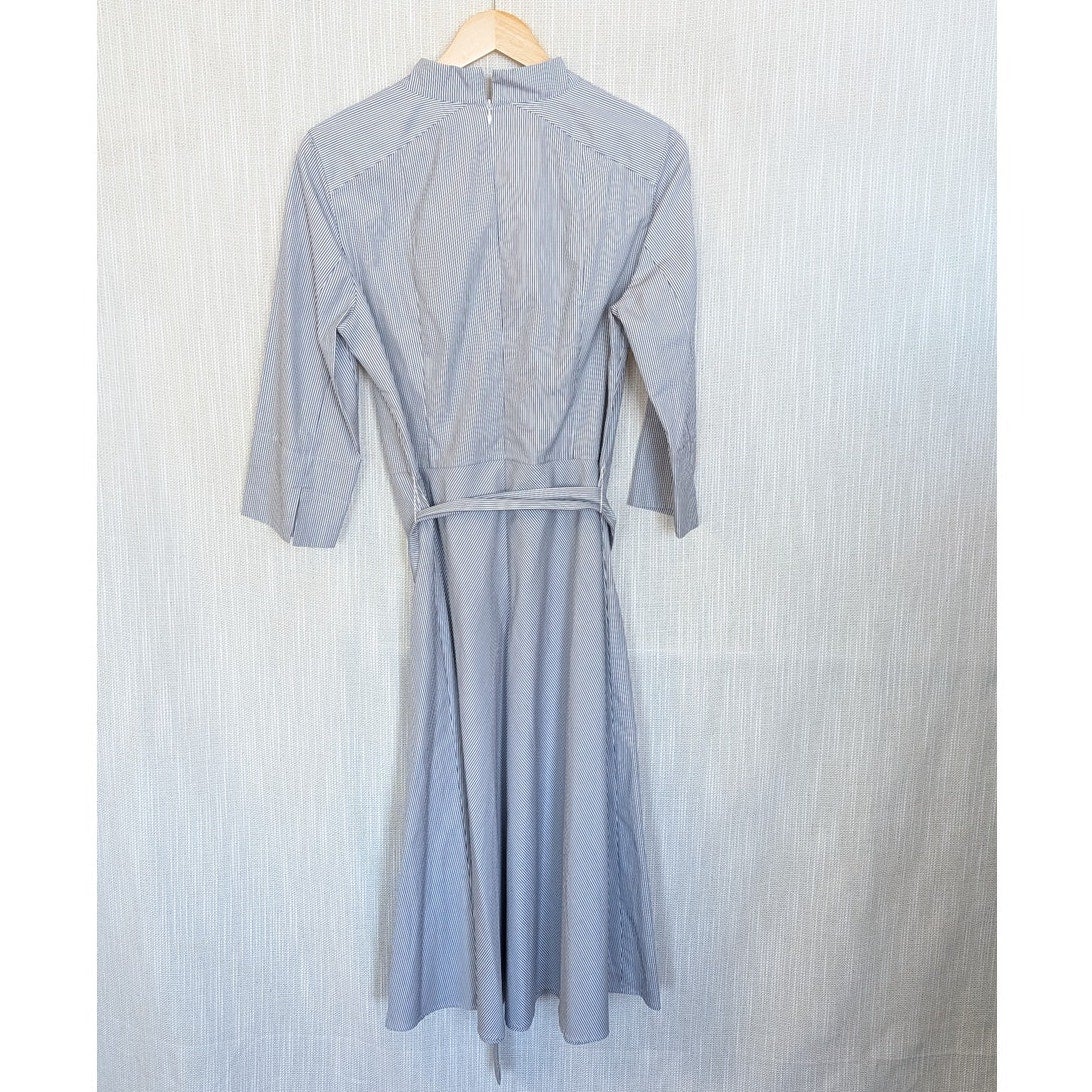 Akris Punto Blue/White Micro Striped Belted Midi Dress Womens 10 NWT
