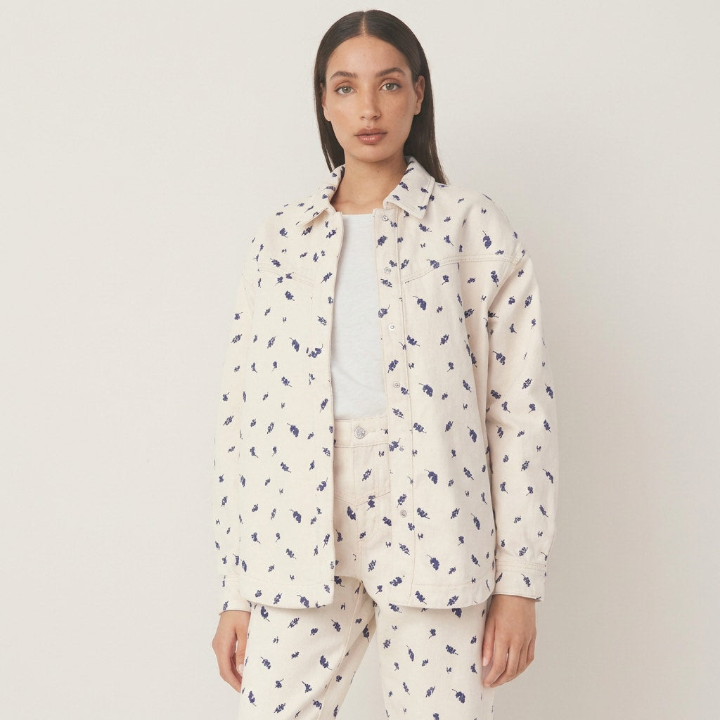 Frank & Oak Cream/White Floral Denim Button-up Long Sleeve Overshirt, size M