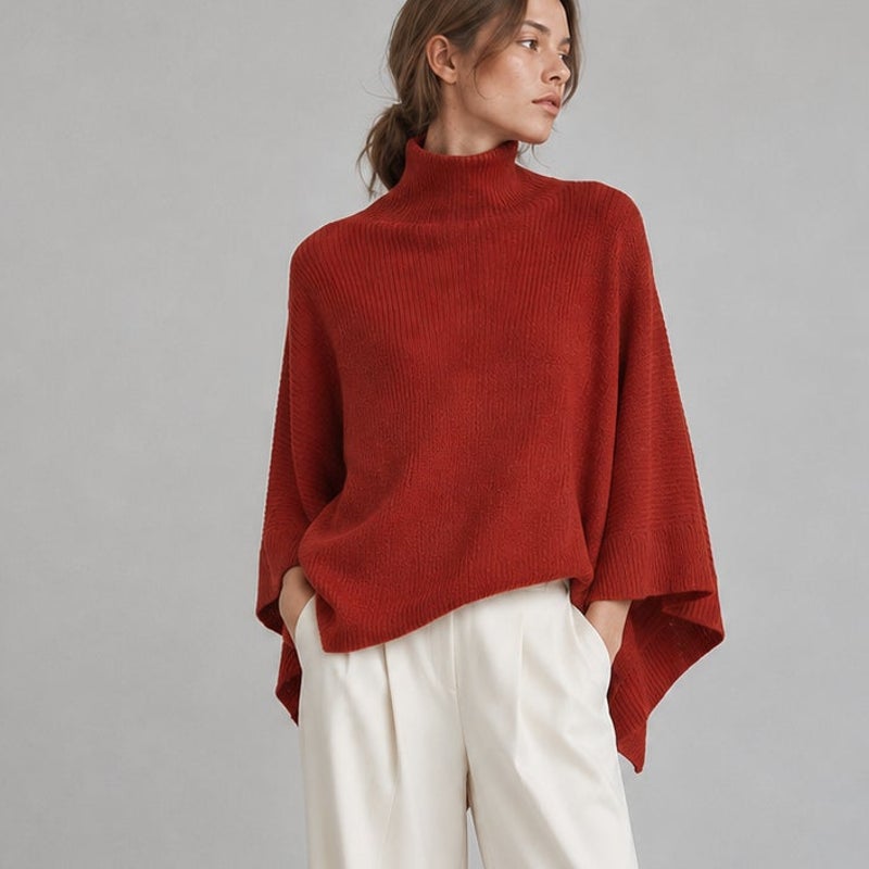 Ulla Johnson Baby Alpaca Silk Ribbed Sweater Poncho M Rust Orange/Brown