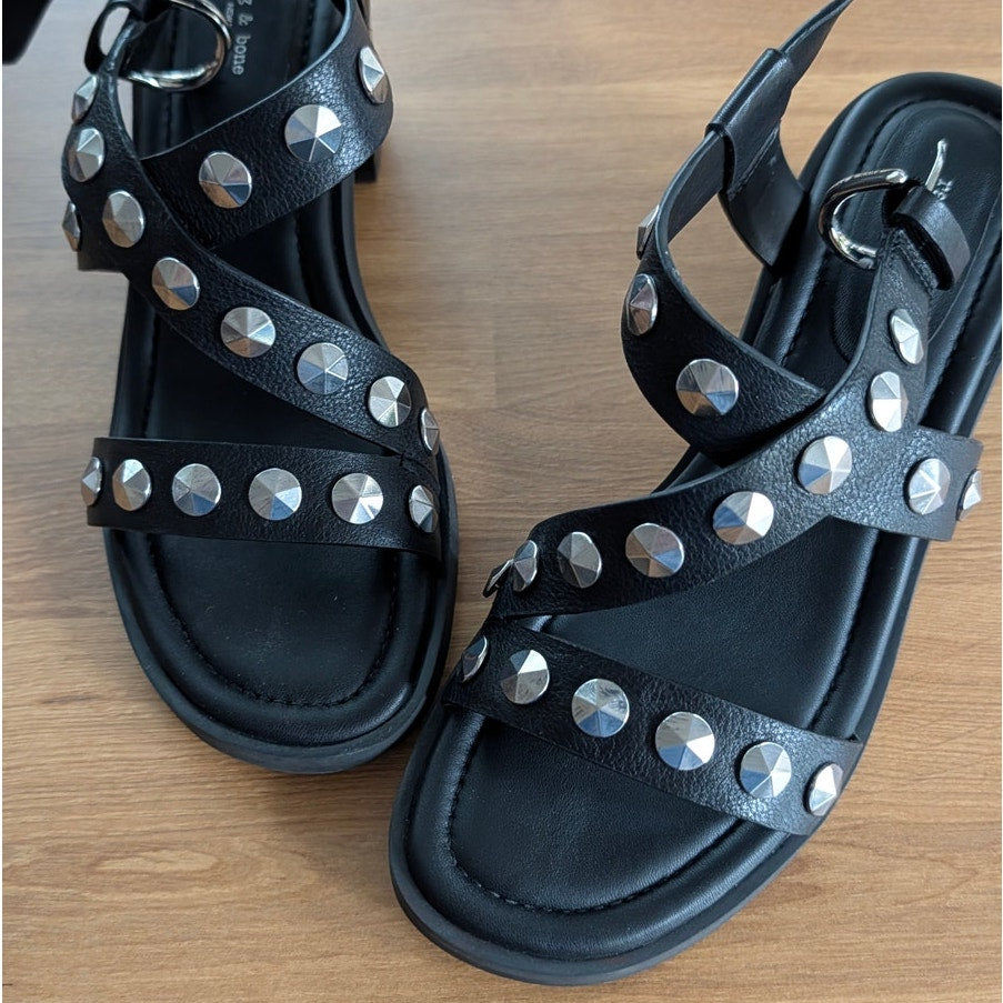 Rag & Bone Geo Stud Block Heeled Sandals Womens 8 Black Leather Wrap Like New