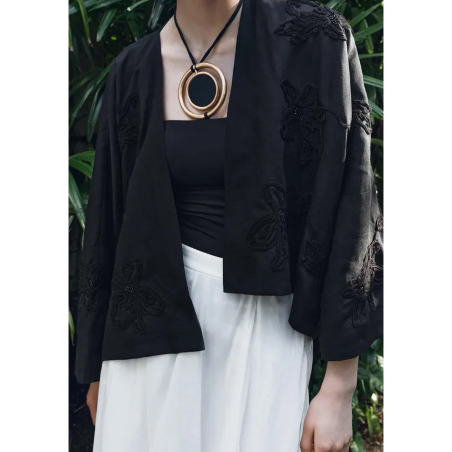 Zara Black Floral Embroidery Beaded Open Front Kimono Jacket, size M-L