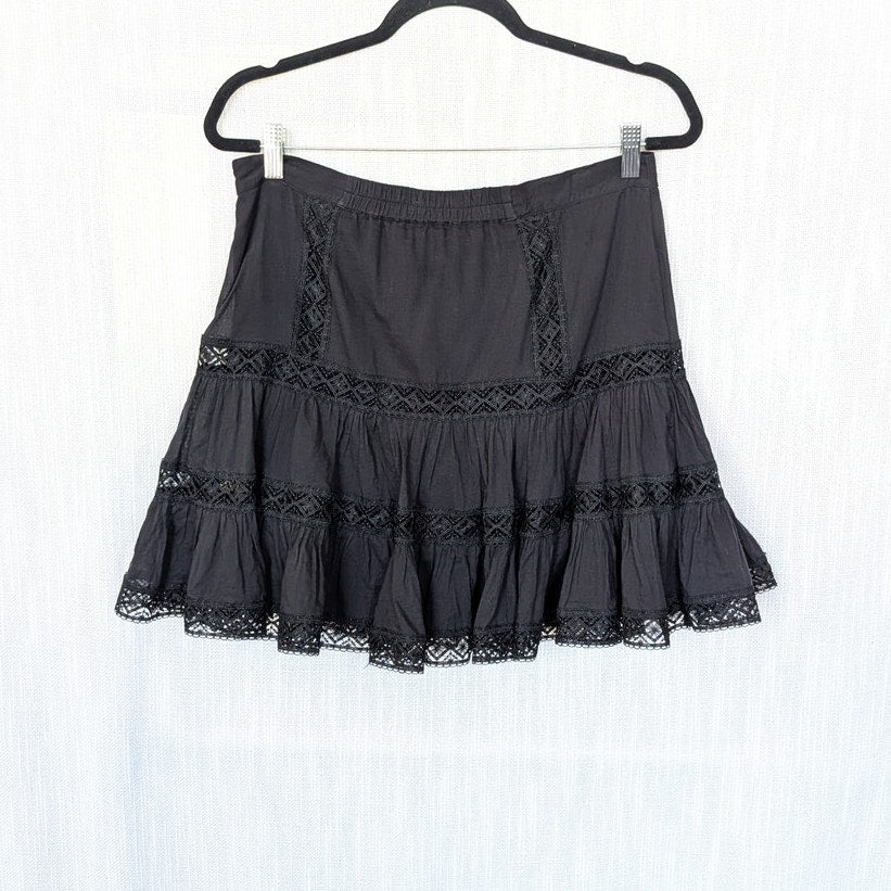 Charo Ruiz Ibiza Hortens Lace Mini Skirt Womens L Black Ruffle A-line Cotton