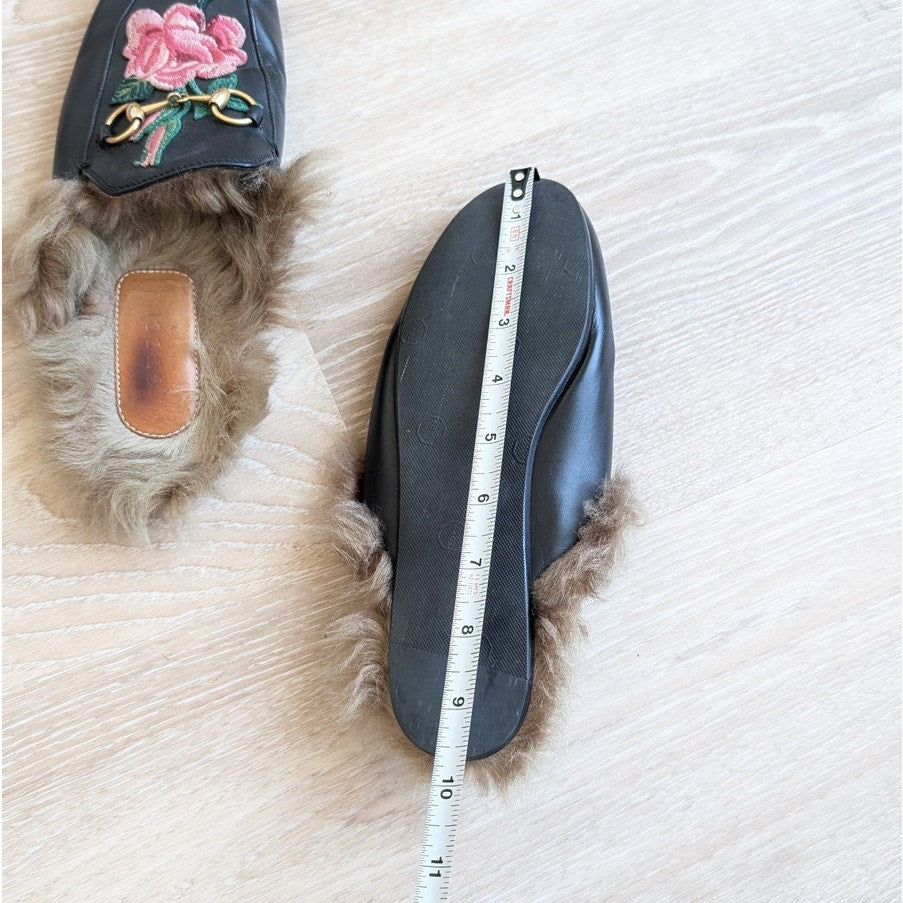 Gucci Black Leather Fur Loafers Embroidered Princetown Flat Slipper Mules