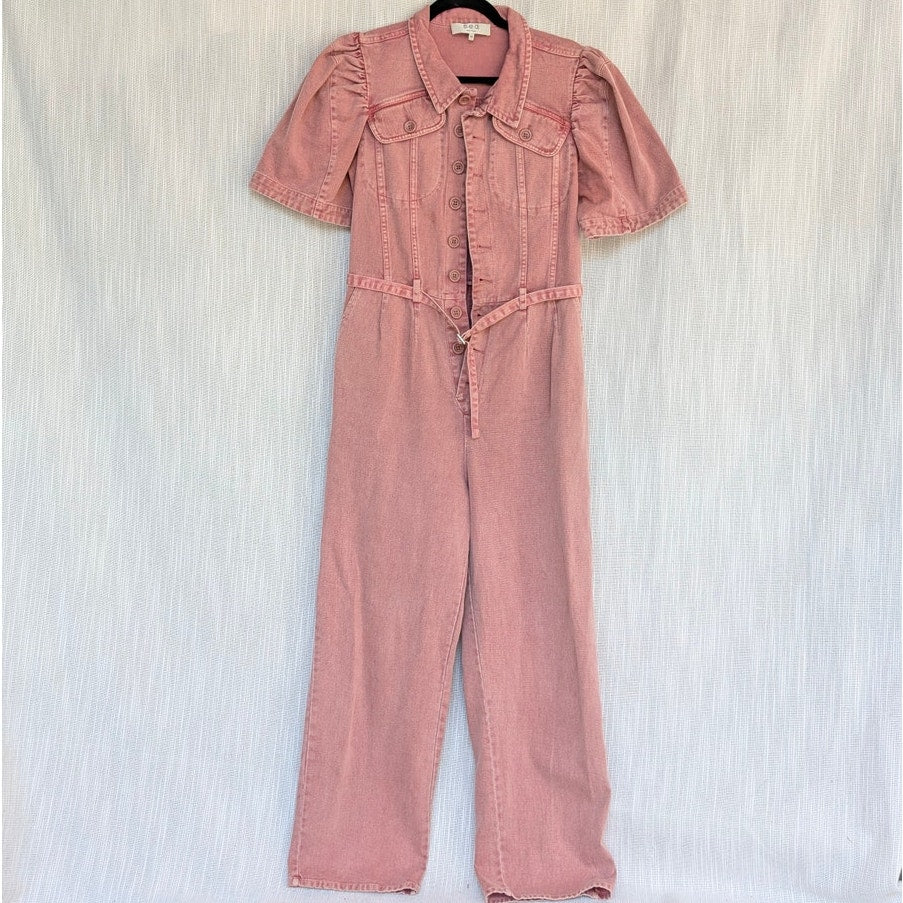 Sea NY Corbin Pink Short Sleeve Long Denim Jumpsuit, Size 10