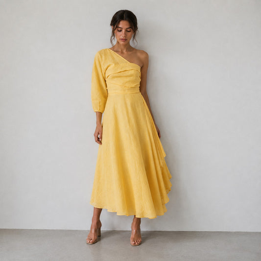 Rachel Comey Tipple Linen Midi Dress Womens 4 Yellow One Shoulder Asymmetric