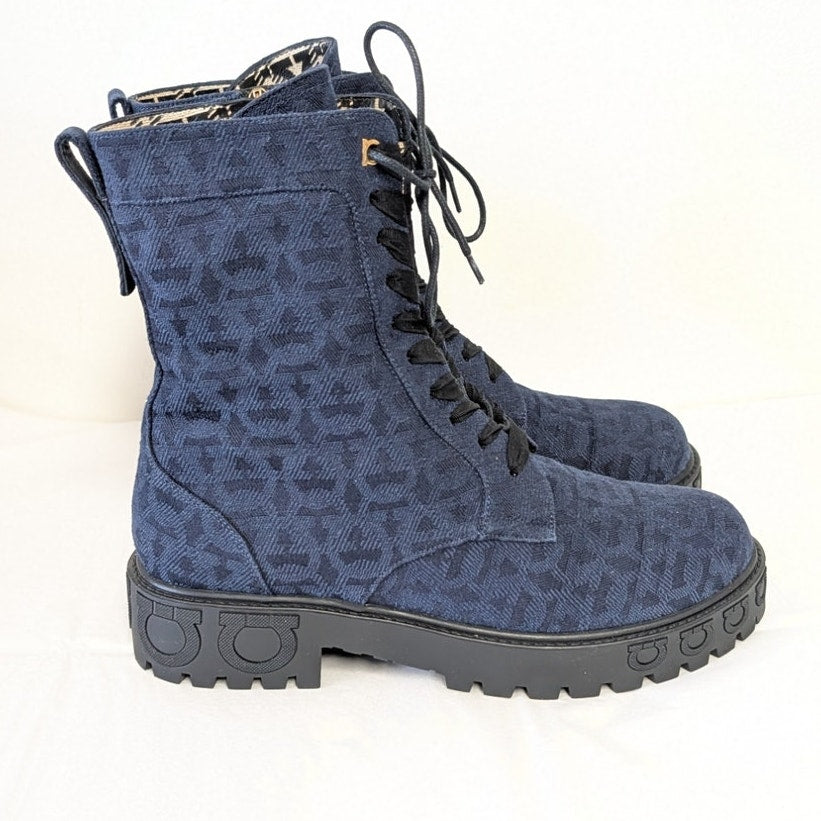 Salvatore Ferragamo Navy Gancini Monogram Denim Biker Combat Boots Womens 9.5