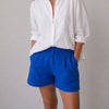 L'agence Linen Blend Mini Shorts with Elegant Drape Womens 10 Blue High Waist