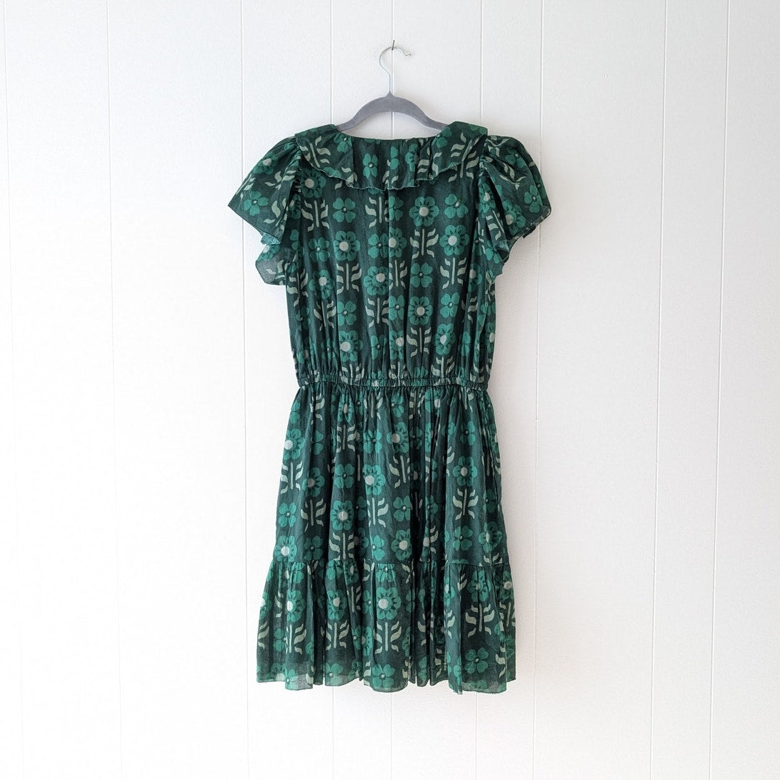 TROVATA Birds of Paradis Marcella Green Floral Cotton Tiered Mini Dress, size S