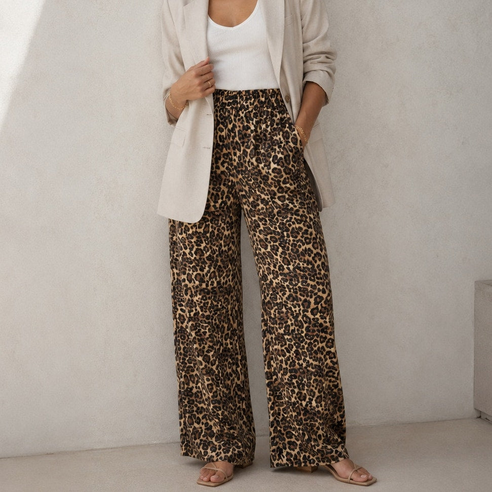 Lakbi Brown Animal Print High-rise Straight Wide Leg Flowy Pants, size S