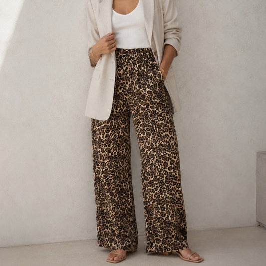 Lakbi Brown Animal Print High-rise Straight Wide Leg Flowy Pants, size S