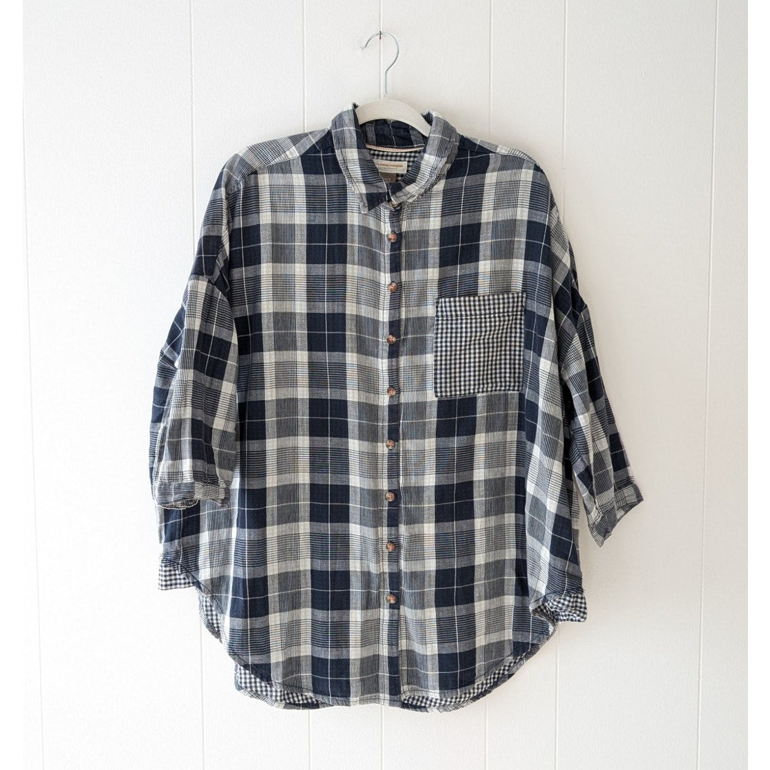 Anthropologie Pilcro Plaid White/Blue Oversized Shirt, Size XS/S