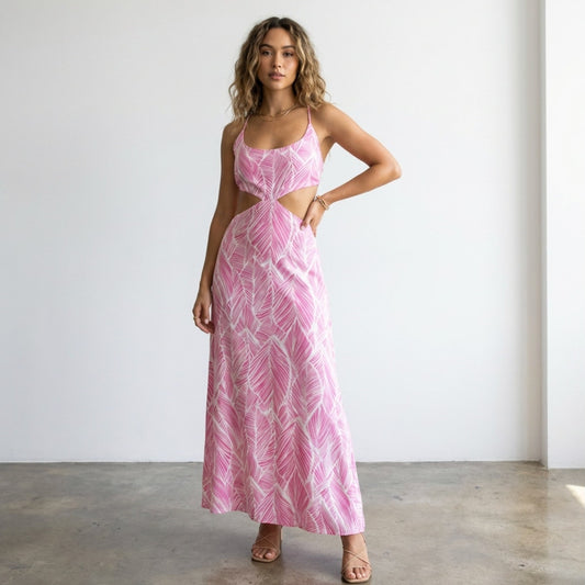 Lovers + Friends Makena Fuchsia Leaf Print Midi Sleeveless Dress, size L
