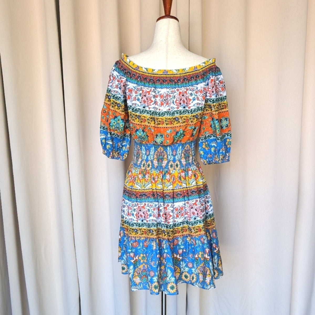 Shoshanna Solstice Cotton Off-Shoulder Multicolor Mini Dress, size XS