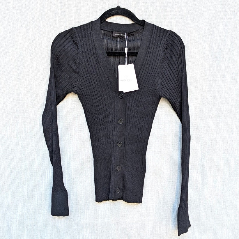 Anine Bing Matheo Cardigan Womens S Black Rib Long Sleeve Button Front NWT