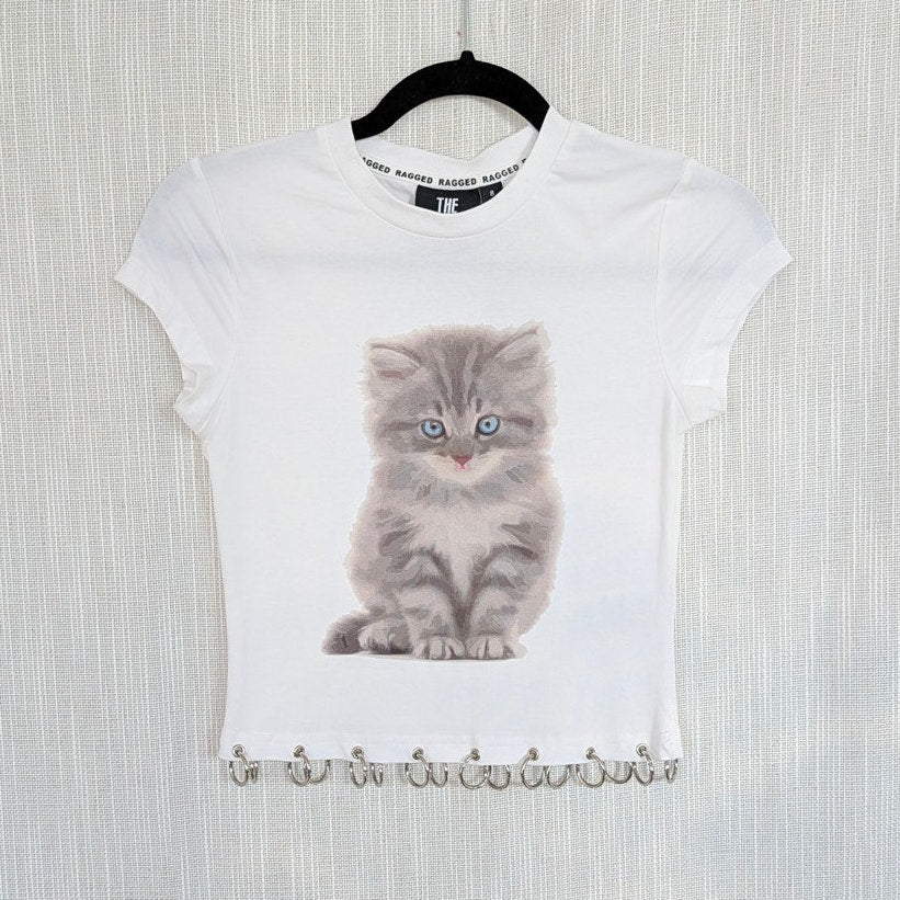 The Ragged Priest Kitty Baby Tee T-shirt Womens 8 White Cotton Short Sleeve NWT