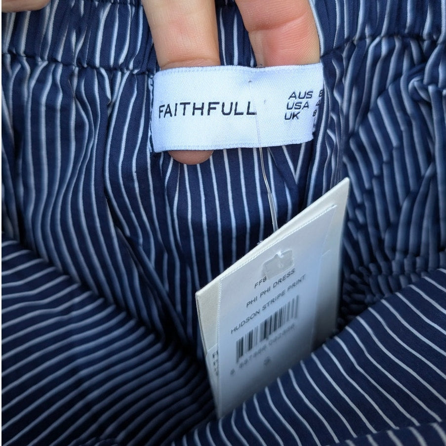 NWT Faithfull Phi Phi Navy Hudson Stripe Print Cotton Short Dress, size S