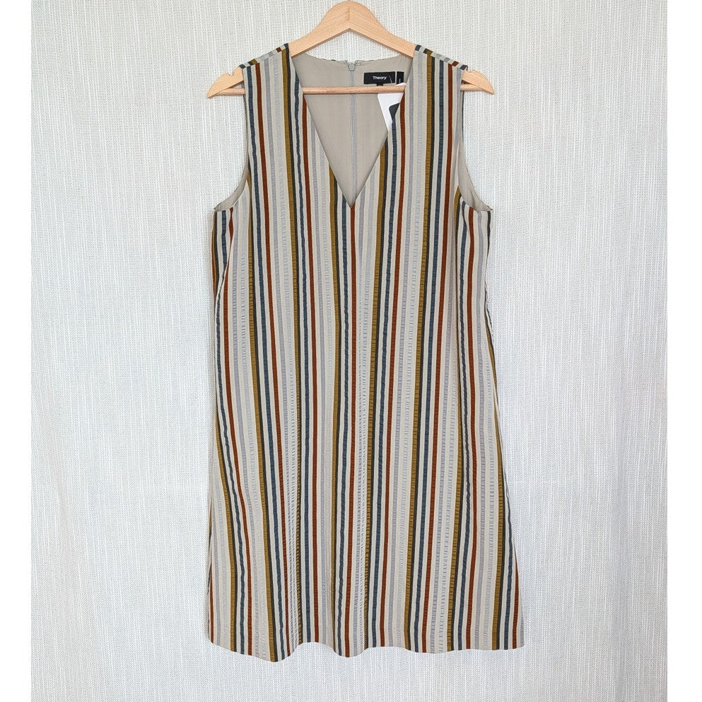 Theory Linen Blend Mini Dress Womens 12 Multi Striped Sleeveless V-neck