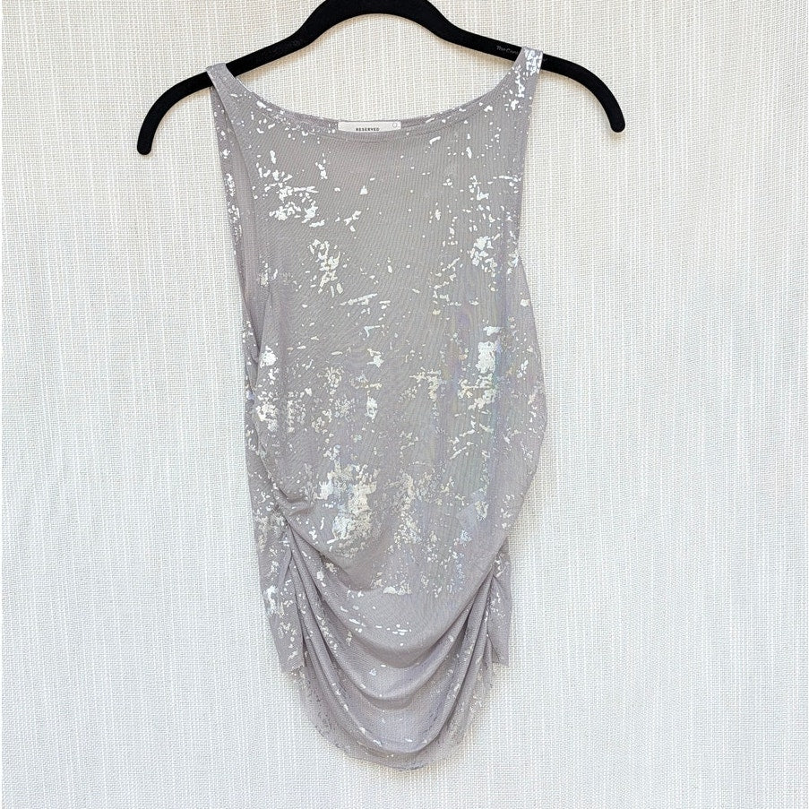 Reserved Metallic Effect Tank Top Womens S Purple Gray Mesh Sheer Fitted Blouse