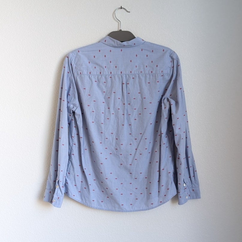 Scotch & Soda Red Lips Print Blue Button-Down Long Sleeve Top Shirt, size 2
