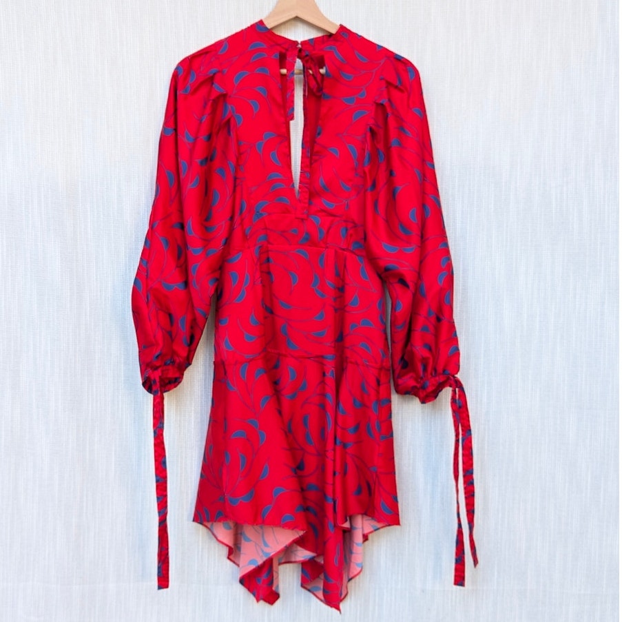 Self-portrait Red Satin Print V-neck Long Sleeve Mini Dress, size 0